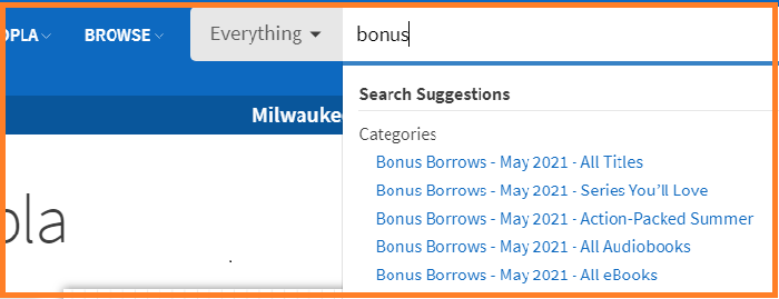 Screenshot of the e-Resource Hoopla to show how to search for Bonus borrows
